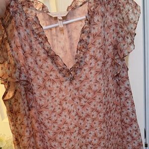 Rebecca Taylor Rose-Pink Floral Metallic Ruffle V-Neck Blouse
